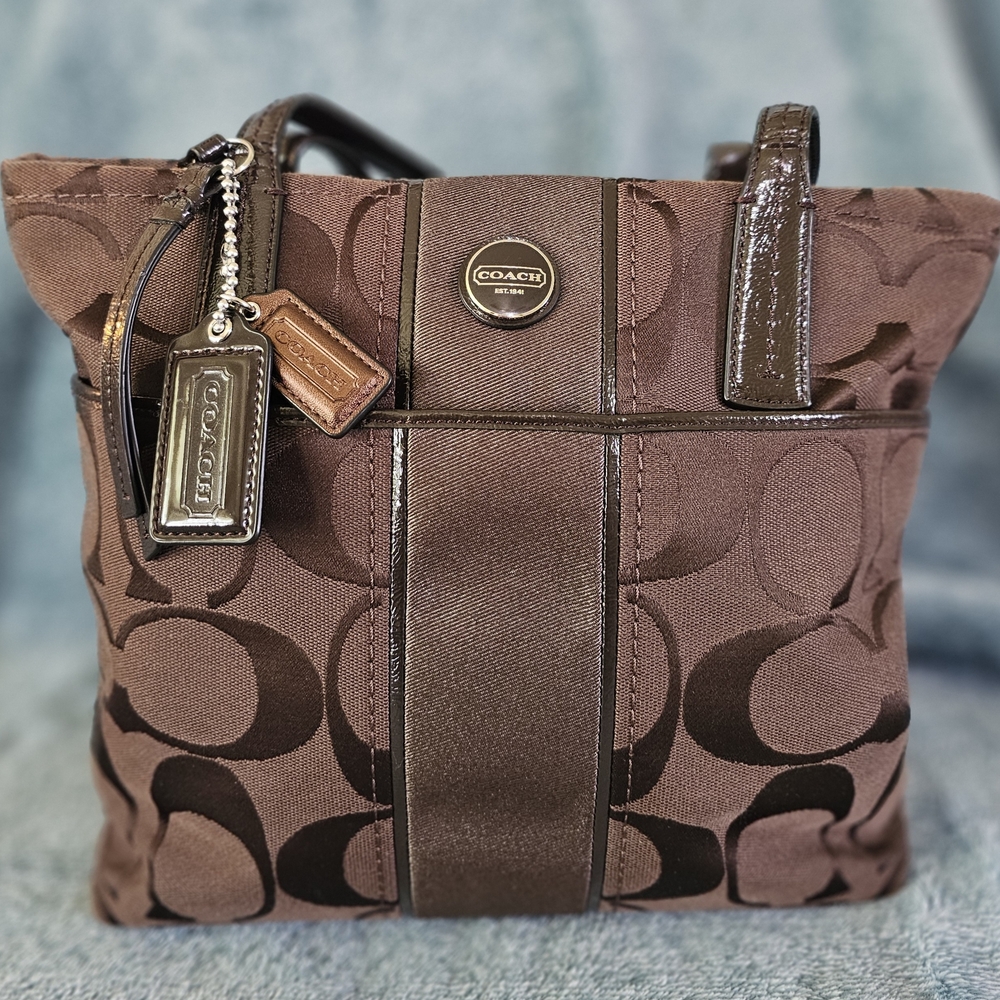 Coach Brown Monogram Tote with Leather Accents